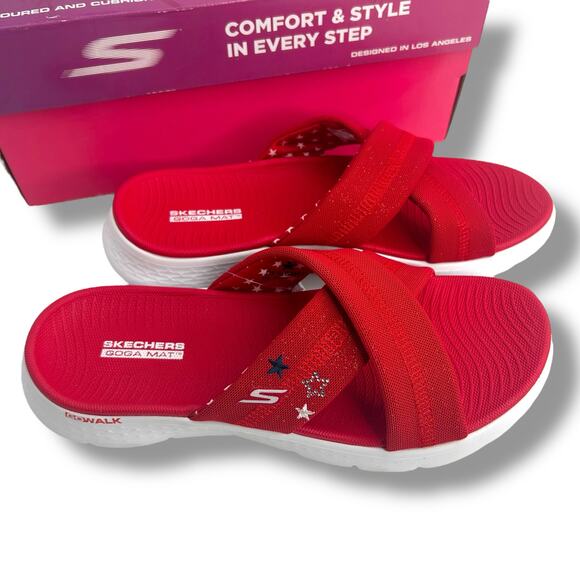 NEW Skechers Go Walk Flex Sandals Size 10 Patriotic Slip On Red Sparkles Flat - Picture 10 of 12